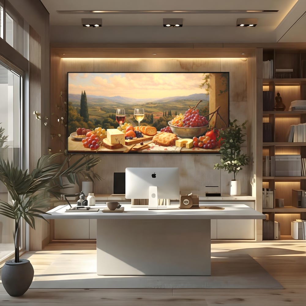 Tablou canvas cu tablou canvas cu peisaj tomnatic si masa imbelsugata, in rama de aluminiu negru, pe perete intr-un birou